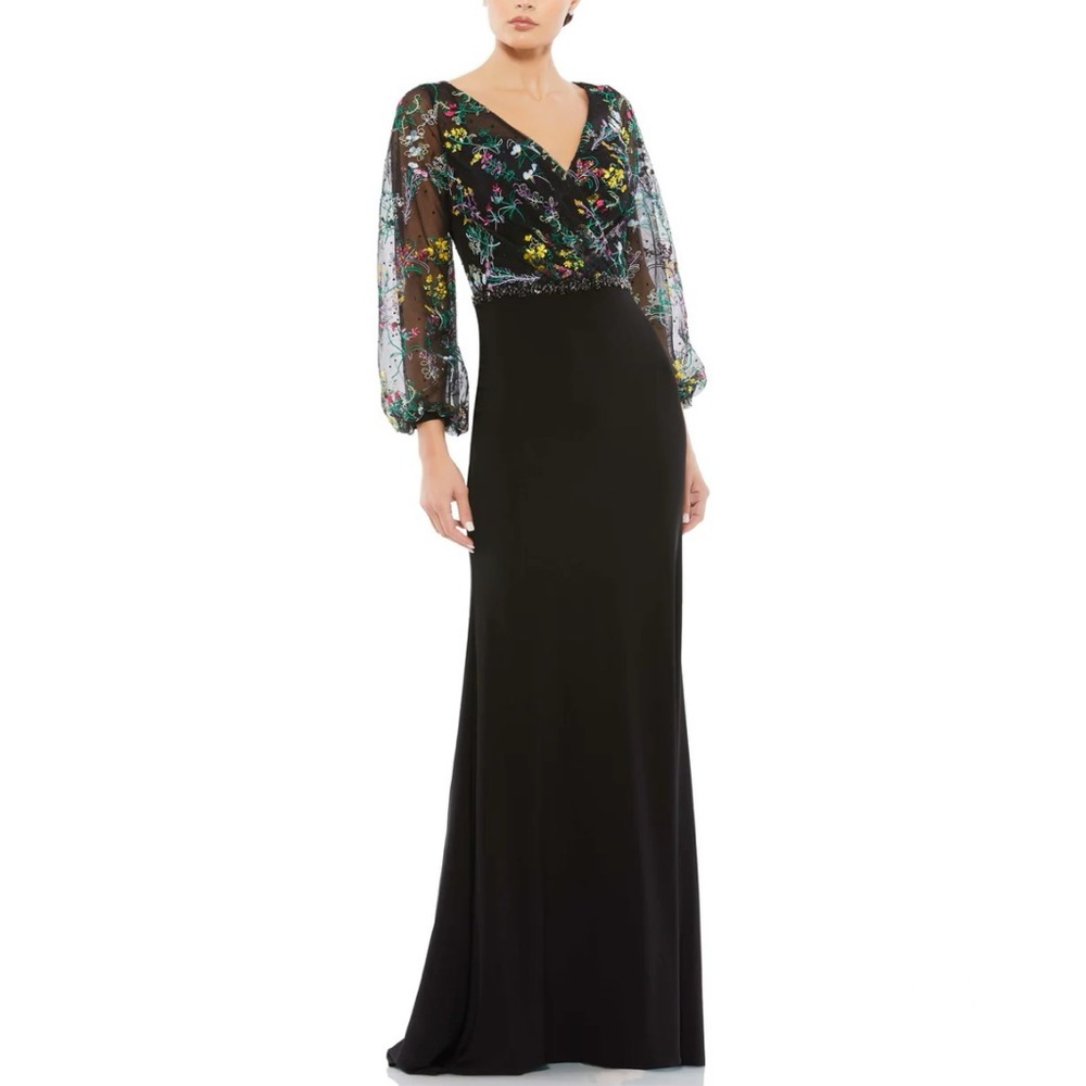 Mac Duggal Black Floral Embroidered Illusion Puff Sleeve Column Gown - Reemoly